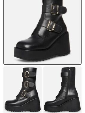 Steve Madden Primrose Leather 3-Buckle Rounded Square Toe Wedge Platform Boot